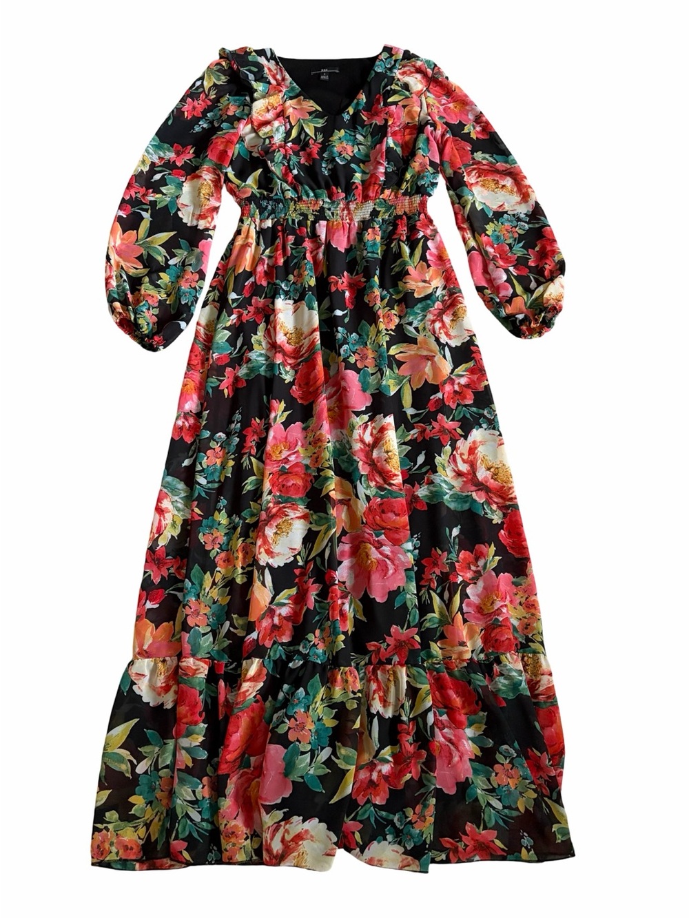 R&K Black Floral Long Sleeve women Maxi Dress